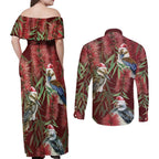 Australia Christmas Couples Matching Off Shoulder Maxi Dress and Long Sleeve Button Shirt Kookaburra Santa on Red Bottlebrush