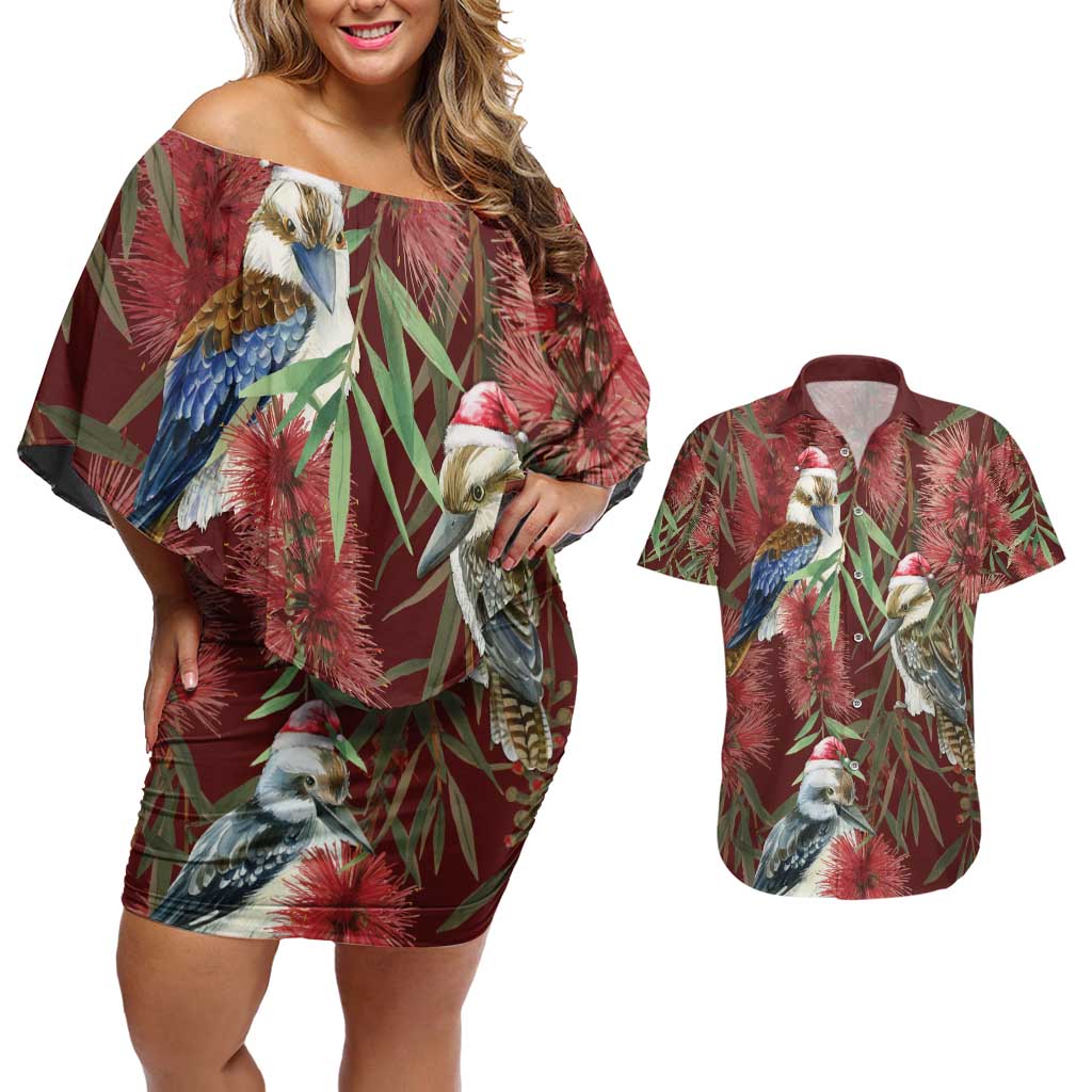 Australia Christmas Couples Matching Off Shoulder Short Dress and Hawaiian Shirt Kookaburra Santa on Red Bottlebrush