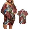 Australia Christmas Couples Matching Off Shoulder Short Dress and Hawaiian Shirt Kookaburra Santa on Red Bottlebrush