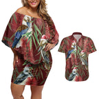 Australia Christmas Couples Matching Off Shoulder Short Dress and Hawaiian Shirt Kookaburra Santa on Red Bottlebrush