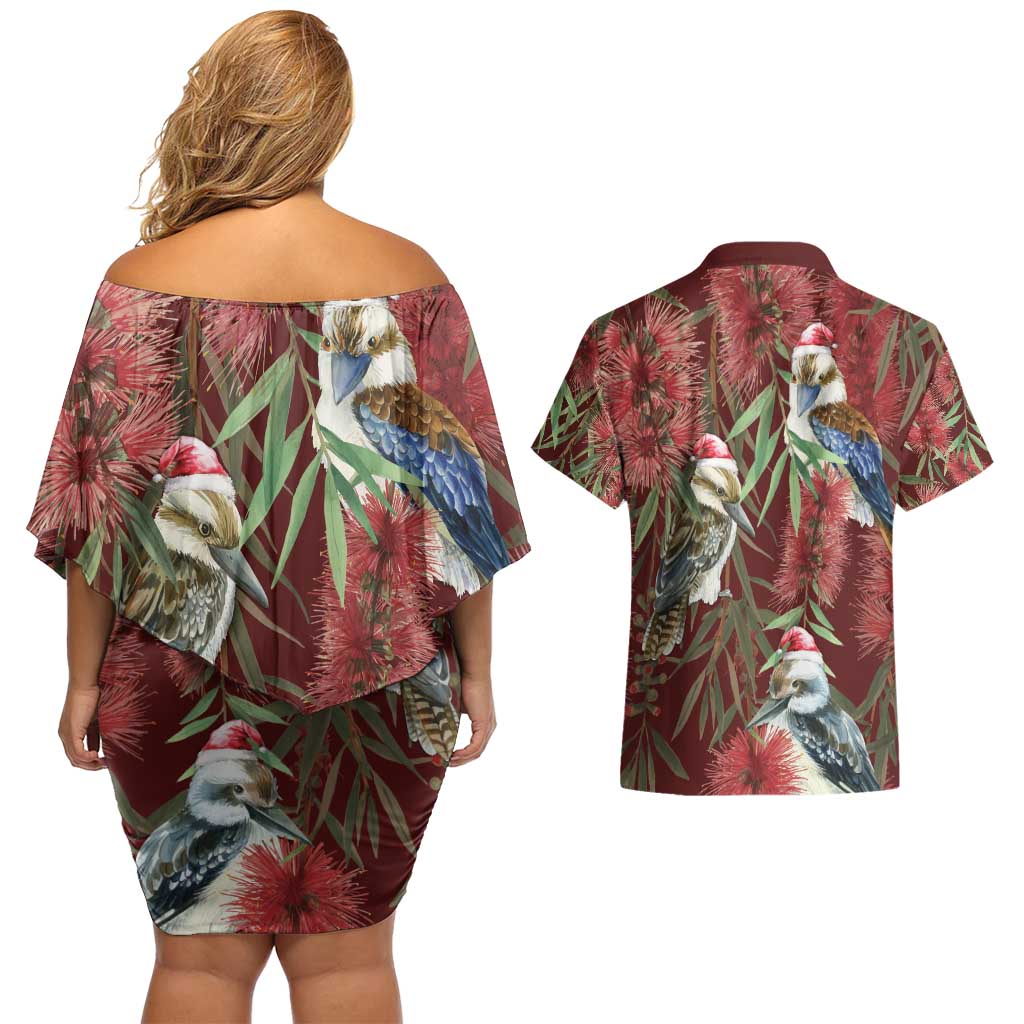 Australia Christmas Couples Matching Off Shoulder Short Dress and Hawaiian Shirt Kookaburra Santa on Red Bottlebrush