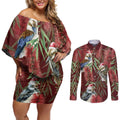 Australia Christmas Couples Matching Off Shoulder Short Dress and Long Sleeve Button Shirt Kookaburra Santa on Red Bottlebrush