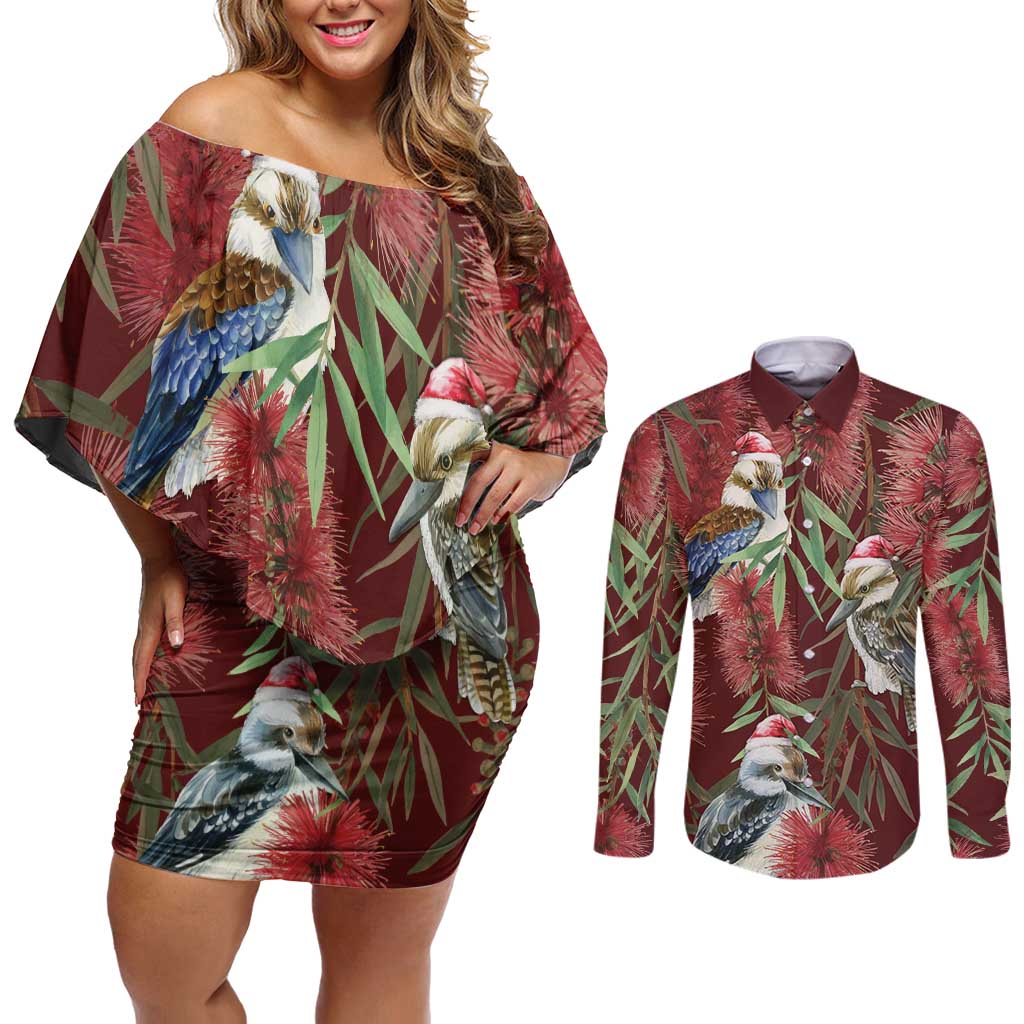 Australia Christmas Couples Matching Off Shoulder Short Dress and Long Sleeve Button Shirt Kookaburra Santa on Red Bottlebrush