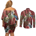 Australia Christmas Couples Matching Off Shoulder Short Dress and Long Sleeve Button Shirt Kookaburra Santa on Red Bottlebrush