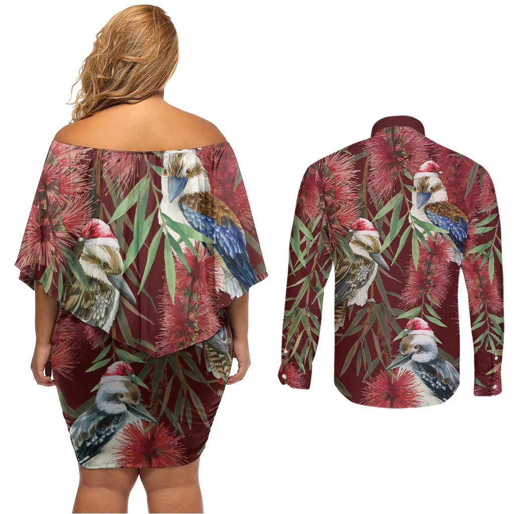 Australia Christmas Couples Matching Off Shoulder Short Dress and Long Sleeve Button Shirt Kookaburra Santa on Red Bottlebrush
