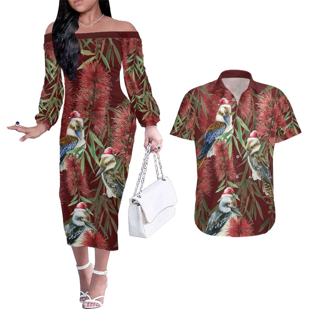 Australia Christmas Couples Matching Off The Shoulder Long Sleeve Dress and Hawaiian Shirt Kookaburra Santa on Red Bottlebrush