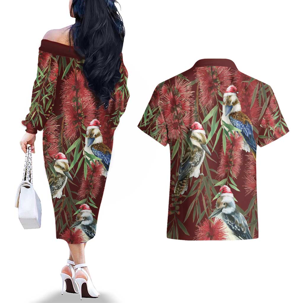 Australia Christmas Couples Matching Off The Shoulder Long Sleeve Dress and Hawaiian Shirt Kookaburra Santa on Red Bottlebrush
