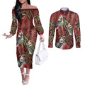 Australia Christmas Couples Matching Off The Shoulder Long Sleeve Dress and Long Sleeve Button Shirt Kookaburra Santa on Red Bottlebrush
