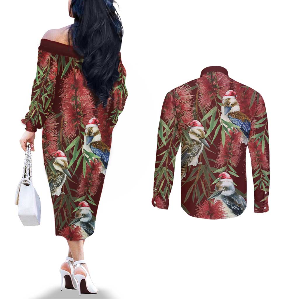 Australia Christmas Couples Matching Off The Shoulder Long Sleeve Dress and Long Sleeve Button Shirt Kookaburra Santa on Red Bottlebrush