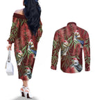 Australia Christmas Couples Matching Off The Shoulder Long Sleeve Dress and Long Sleeve Button Shirt Kookaburra Santa on Red Bottlebrush