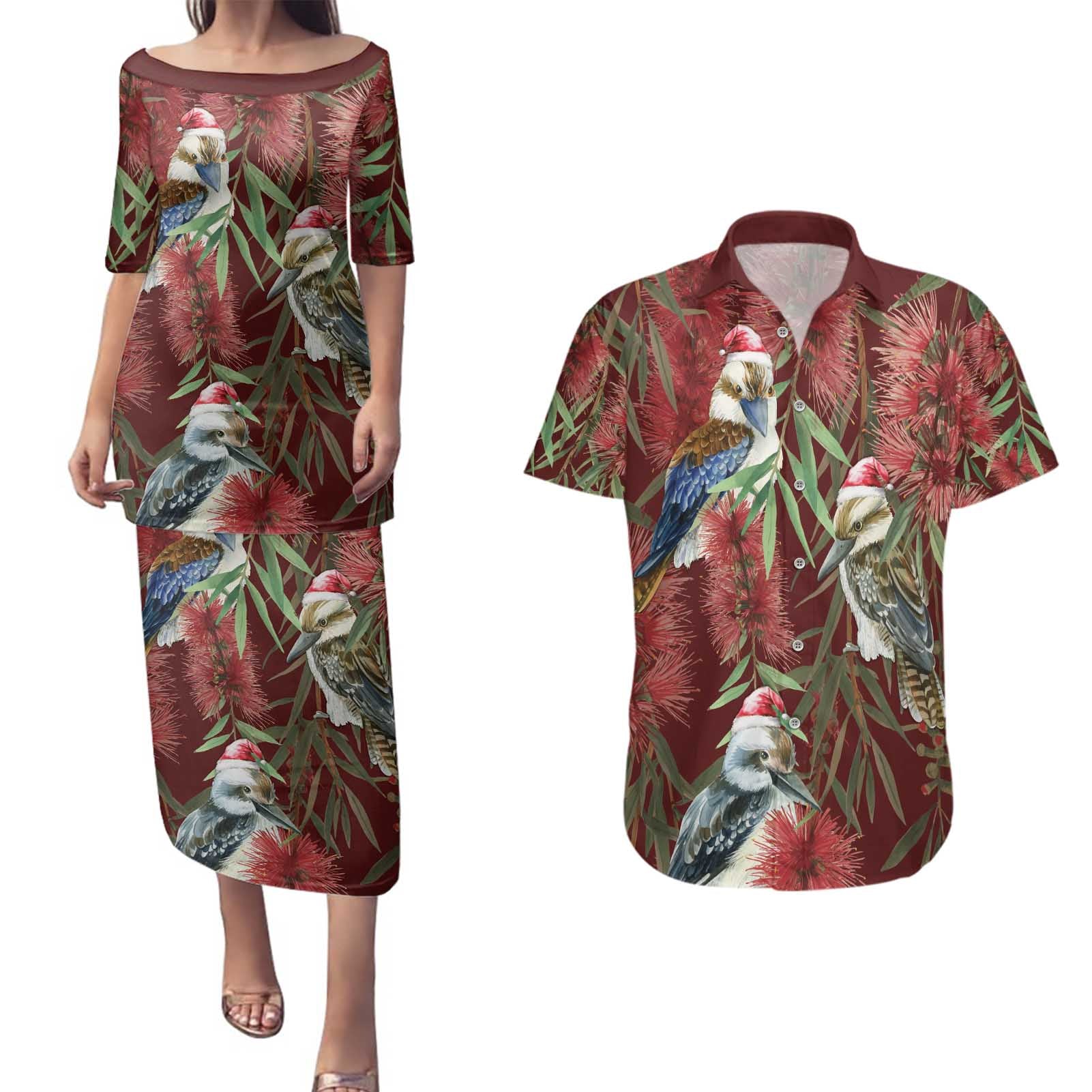 Australia Christmas Couples Matching Puletasi and Hawaiian Shirt Kookaburra Santa on Red Bottlebrush