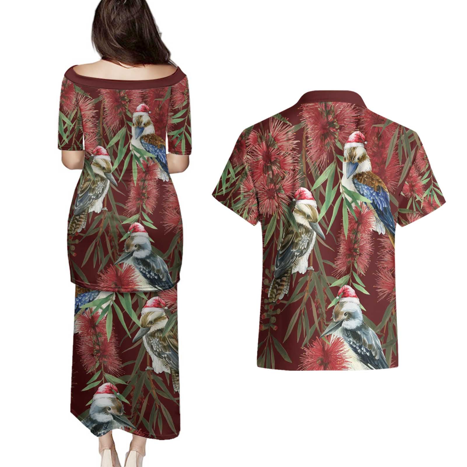 Australia Christmas Couples Matching Puletasi and Hawaiian Shirt Kookaburra Santa on Red Bottlebrush