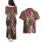 Australia Christmas Couples Matching Puletasi and Hawaiian Shirt Kookaburra Santa on Red Bottlebrush