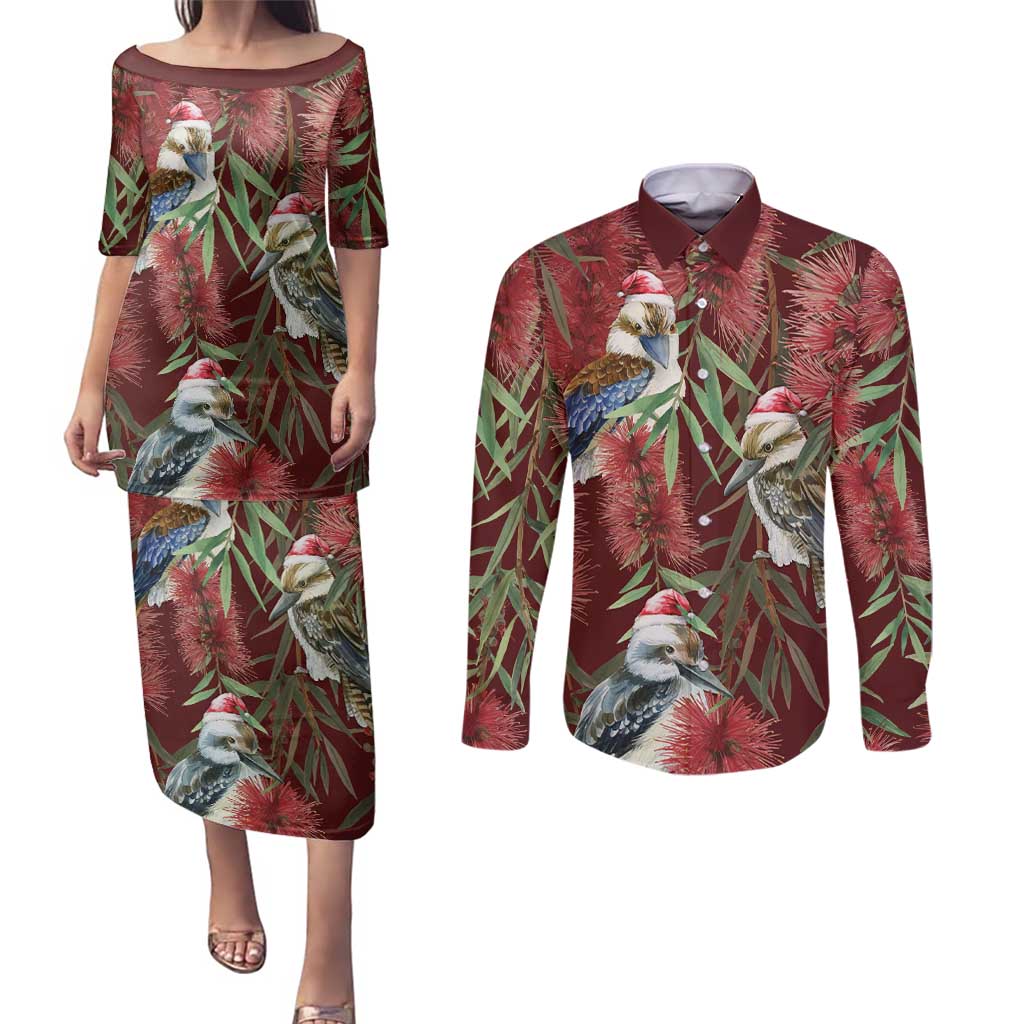 Australia Christmas Couples Matching Puletasi and Long Sleeve Button Shirt Kookaburra Santa on Red Bottlebrush