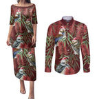 Australia Christmas Couples Matching Puletasi and Long Sleeve Button Shirt Kookaburra Santa on Red Bottlebrush