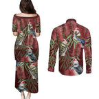 Australia Christmas Couples Matching Puletasi and Long Sleeve Button Shirt Kookaburra Santa on Red Bottlebrush
