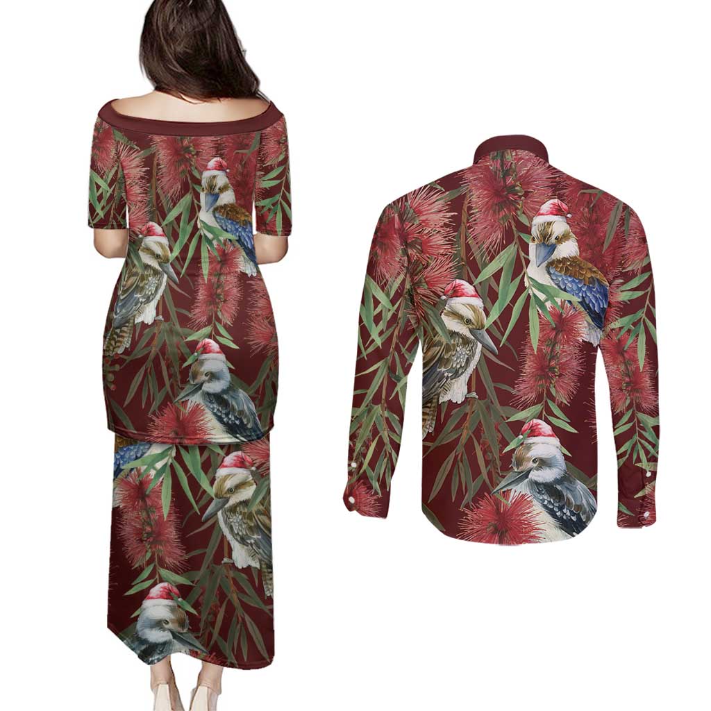 Australia Christmas Couples Matching Puletasi and Long Sleeve Button Shirt Kookaburra Santa on Red Bottlebrush