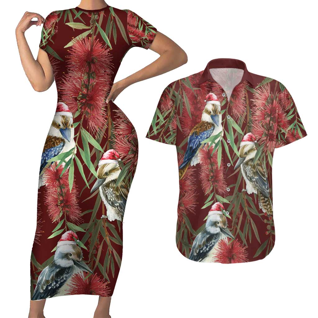 Australia Christmas Couples Matching Short Sleeve Bodycon Dress and Hawaiian Shirt Kookaburra Santa on Red Bottlebrush