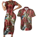 Australia Christmas Couples Matching Short Sleeve Bodycon Dress and Hawaiian Shirt Kookaburra Santa on Red Bottlebrush