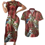 Australia Christmas Couples Matching Short Sleeve Bodycon Dress and Hawaiian Shirt Kookaburra Santa on Red Bottlebrush