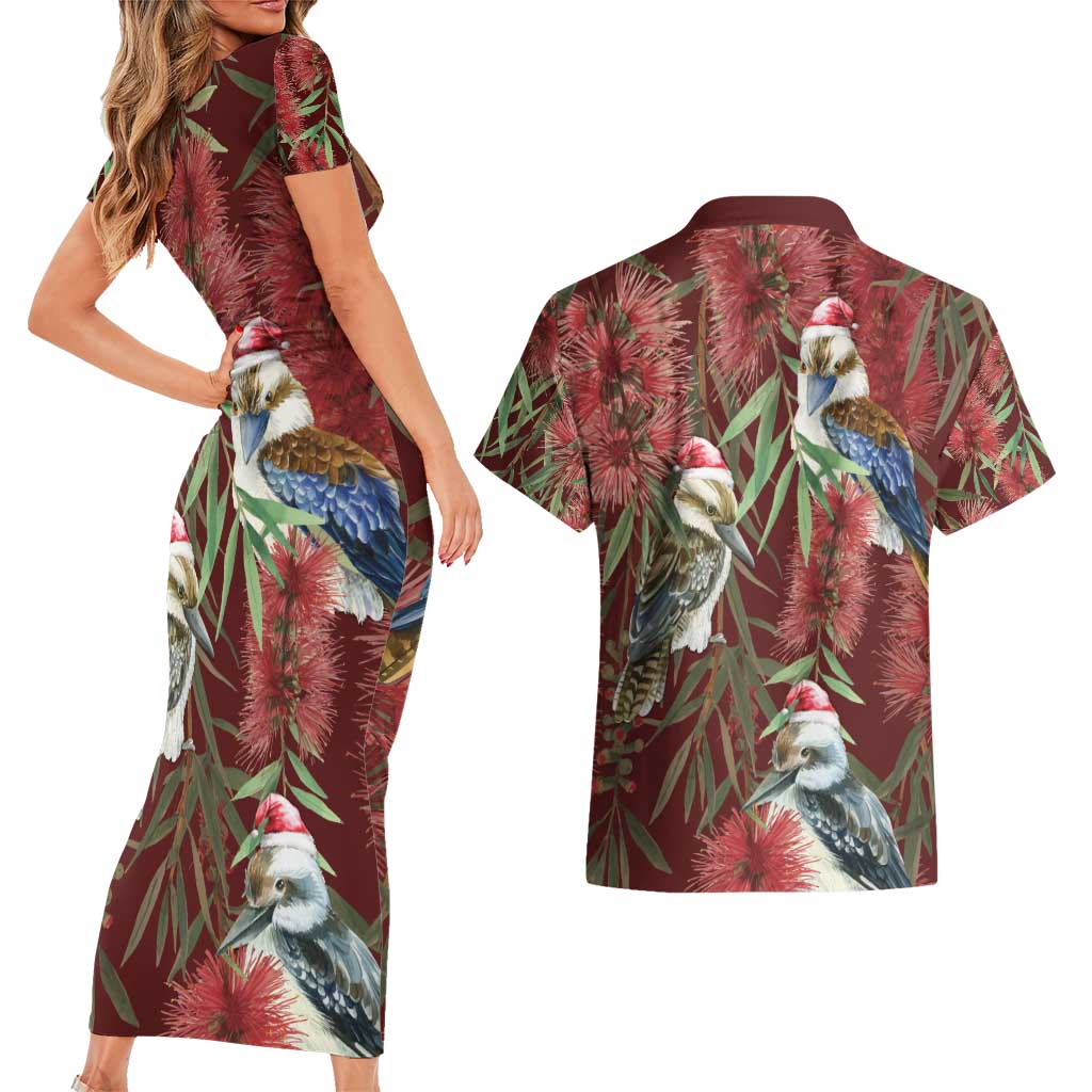 Australia Christmas Couples Matching Short Sleeve Bodycon Dress and Hawaiian Shirt Kookaburra Santa on Red Bottlebrush