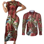 Australia Christmas Couples Matching Short Sleeve Bodycon Dress and Long Sleeve Button Shirt Kookaburra Santa on Red Bottlebrush