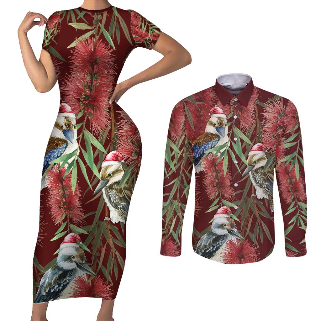 Australia Christmas Couples Matching Short Sleeve Bodycon Dress and Long Sleeve Button Shirt Kookaburra Santa on Red Bottlebrush
