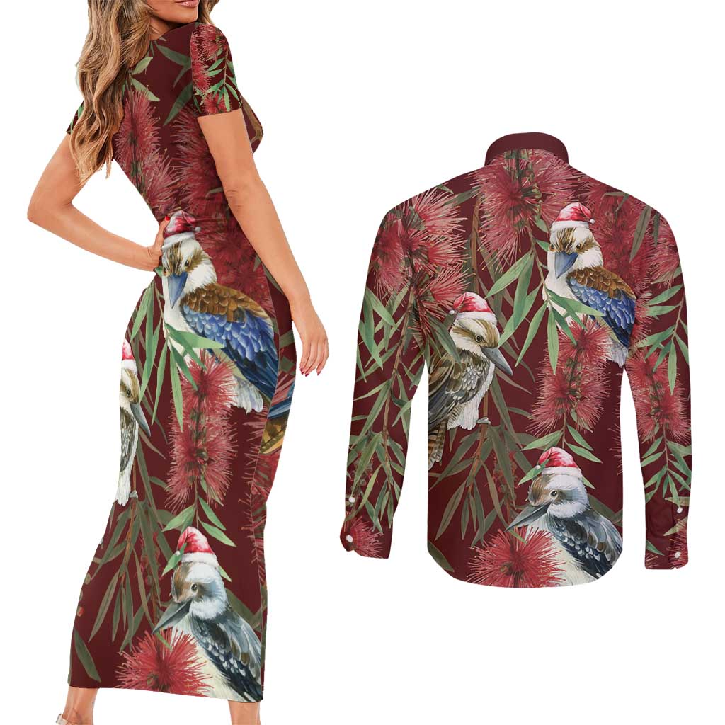 Australia Christmas Couples Matching Short Sleeve Bodycon Dress and Long Sleeve Button Shirt Kookaburra Santa on Red Bottlebrush