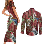 Australia Christmas Couples Matching Short Sleeve Bodycon Dress and Long Sleeve Button Shirt Kookaburra Santa on Red Bottlebrush