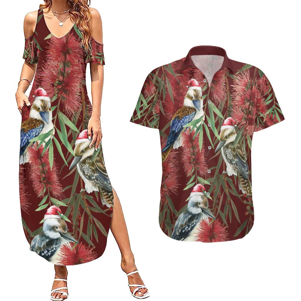 Australia Christmas Couples Matching Summer Maxi Dress and Hawaiian Shirt Kookaburra Santa on Red Bottlebrush