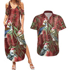 Australia Christmas Couples Matching Summer Maxi Dress and Hawaiian Shirt Kookaburra Santa on Red Bottlebrush