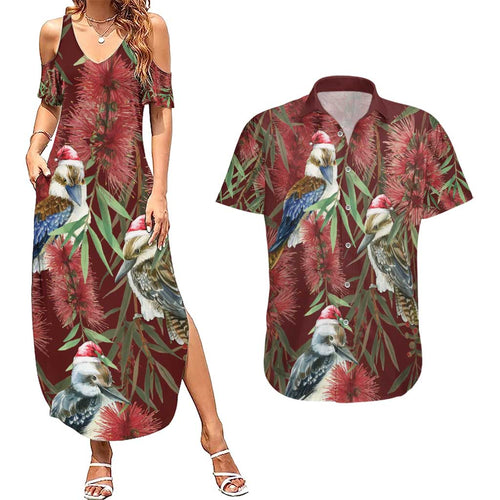 Australia Christmas Couples Matching Summer Maxi Dress and Hawaiian Shirt Kookaburra Santa on Red Bottlebrush