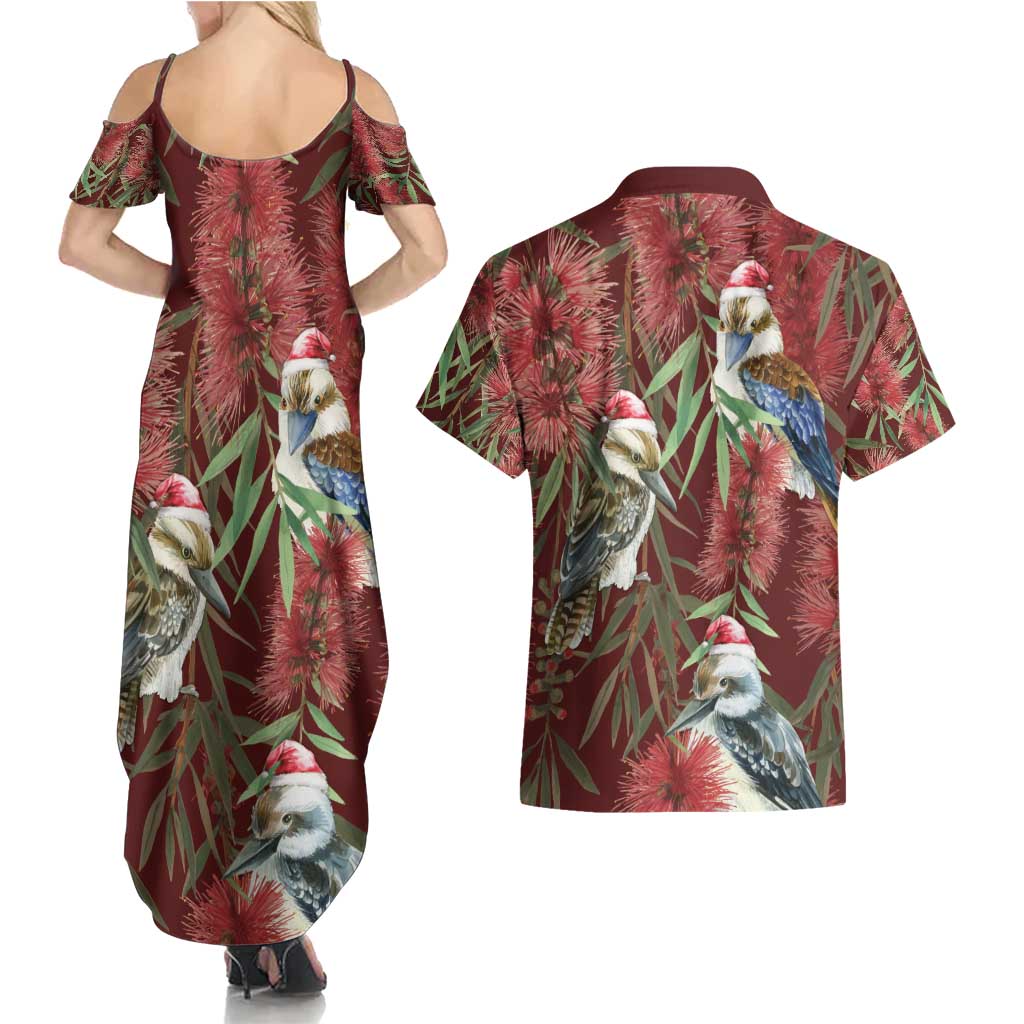 Australia Christmas Couples Matching Summer Maxi Dress and Hawaiian Shirt Kookaburra Santa on Red Bottlebrush
