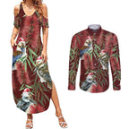Australia Christmas Couples Matching Summer Maxi Dress and Long Sleeve Button Shirt Kookaburra Santa on Red Bottlebrush
