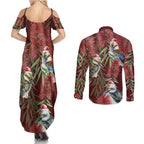 Australia Christmas Couples Matching Summer Maxi Dress and Long Sleeve Button Shirt Kookaburra Santa on Red Bottlebrush