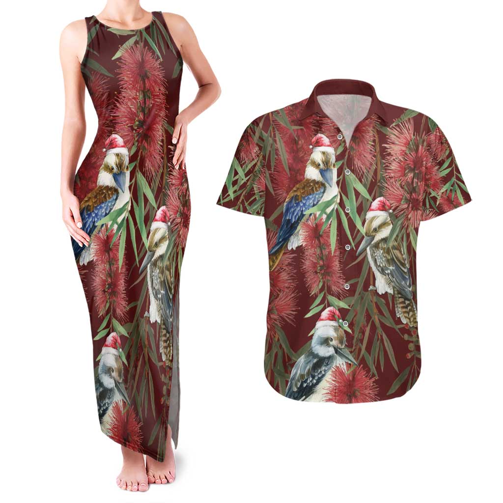 Australia Christmas Couples Matching Tank Maxi Dress and Hawaiian Shirt Kookaburra Santa on Red Bottlebrush