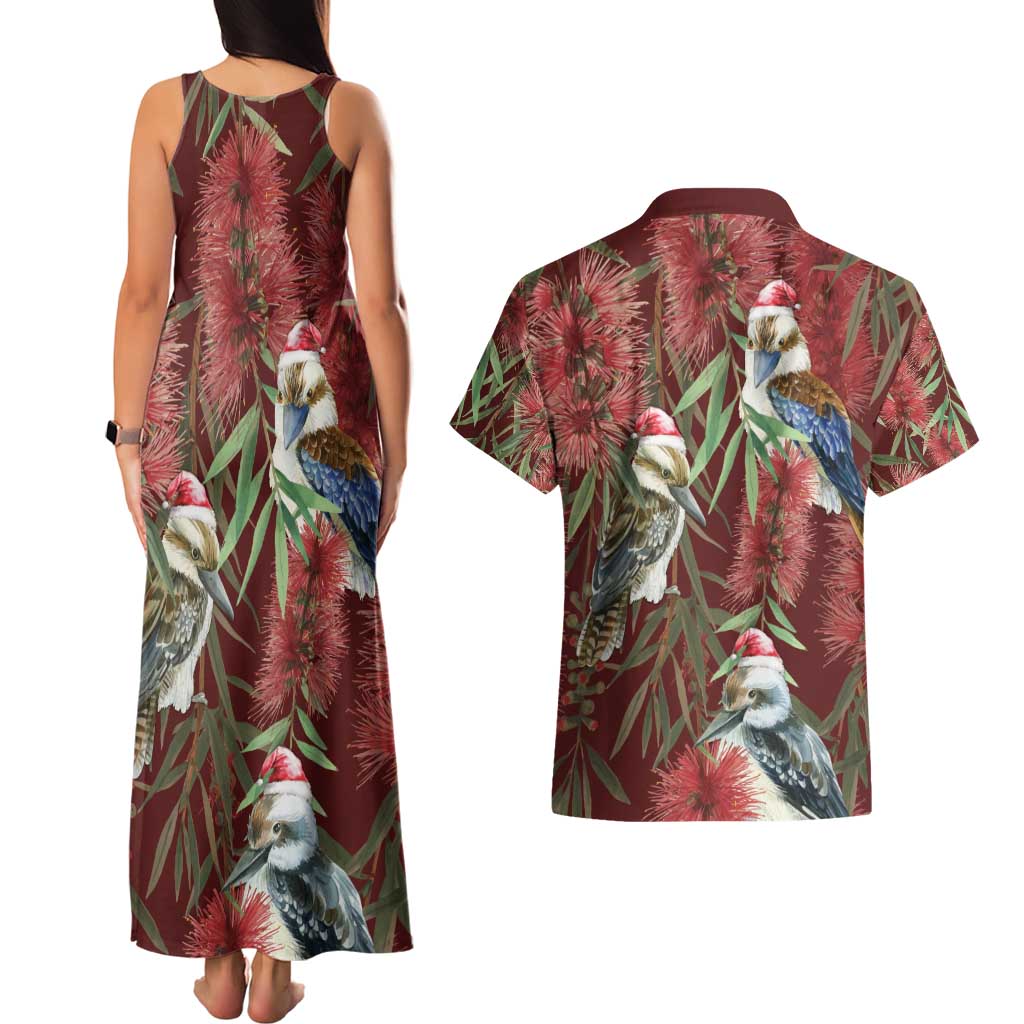 Australia Christmas Couples Matching Tank Maxi Dress and Hawaiian Shirt Kookaburra Santa on Red Bottlebrush