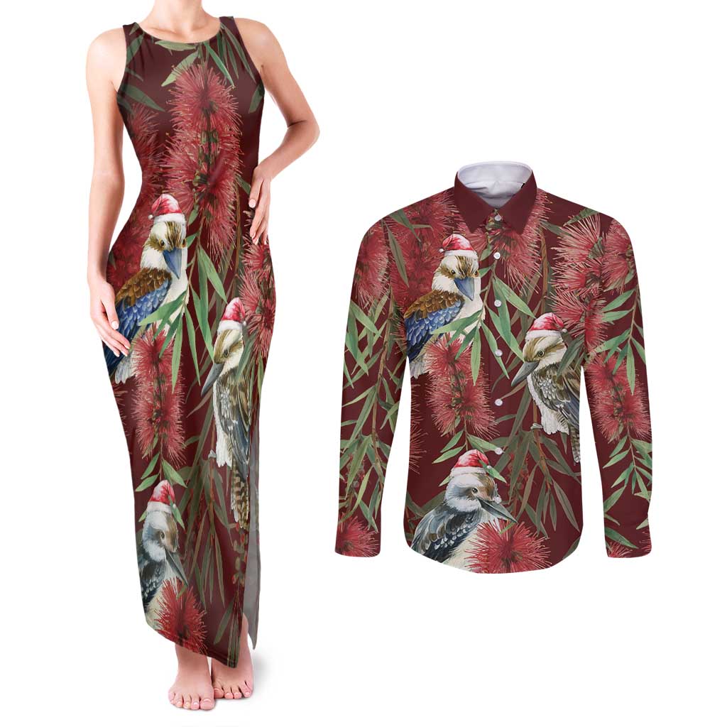 Australia Christmas Couples Matching Tank Maxi Dress and Long Sleeve Button Shirt Kookaburra Santa on Red Bottlebrush