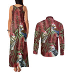 Australia Christmas Couples Matching Tank Maxi Dress and Long Sleeve Button Shirt Kookaburra Santa on Red Bottlebrush