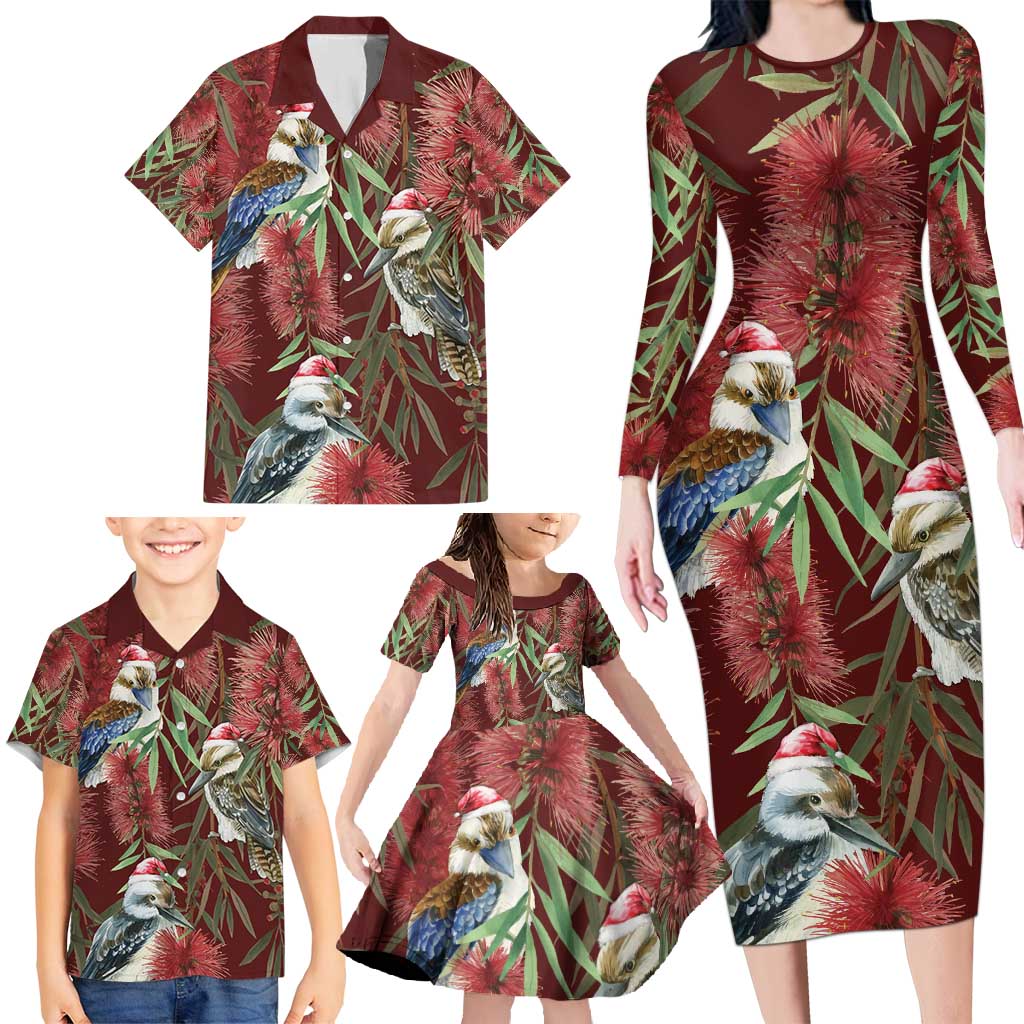Australia Christmas Family Matching Long Sleeve Bodycon Dress and Hawaiian Shirt Kookaburra Santa on Red Bottlebrush