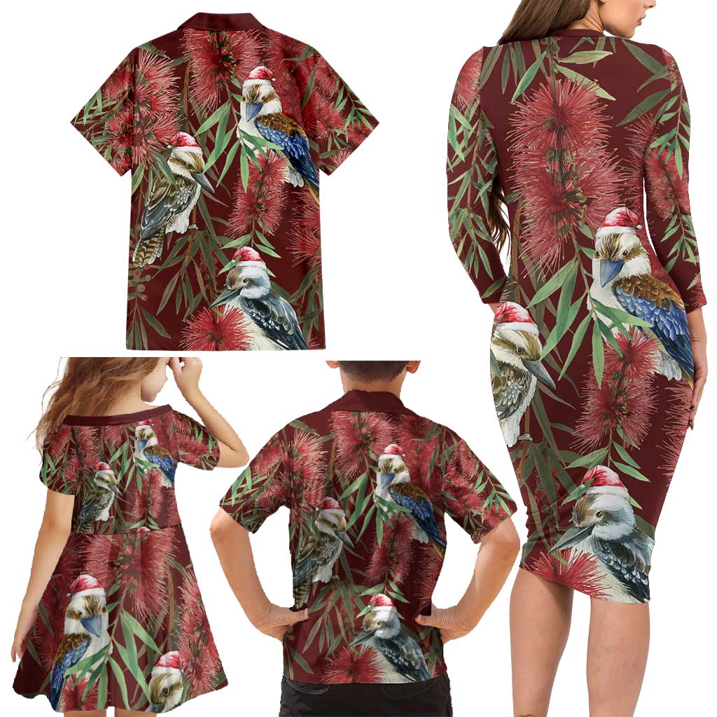 Australia Christmas Family Matching Long Sleeve Bodycon Dress and Hawaiian Shirt Kookaburra Santa on Red Bottlebrush