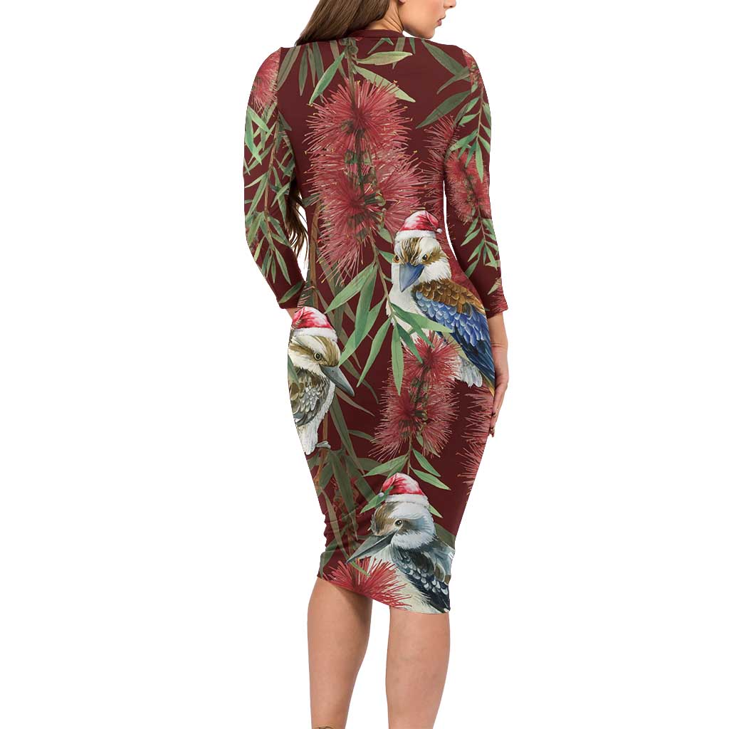 Australia Christmas Family Matching Long Sleeve Bodycon Dress and Hawaiian Shirt Kookaburra Santa on Red Bottlebrush