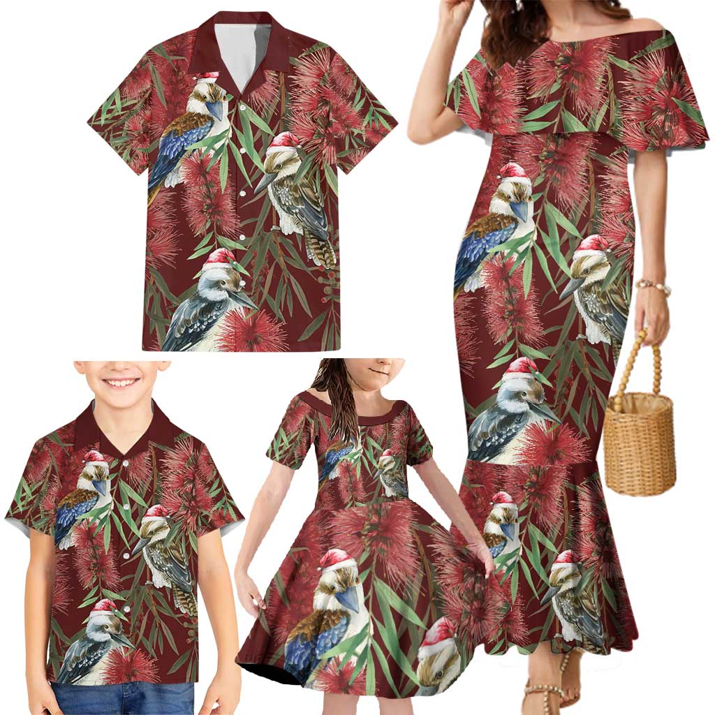 Australia Christmas Family Matching Mermaid Dress and Hawaiian Shirt Kookaburra Santa on Red Bottlebrush