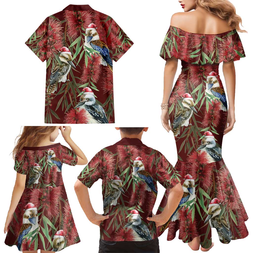 Australia Christmas Family Matching Mermaid Dress and Hawaiian Shirt Kookaburra Santa on Red Bottlebrush