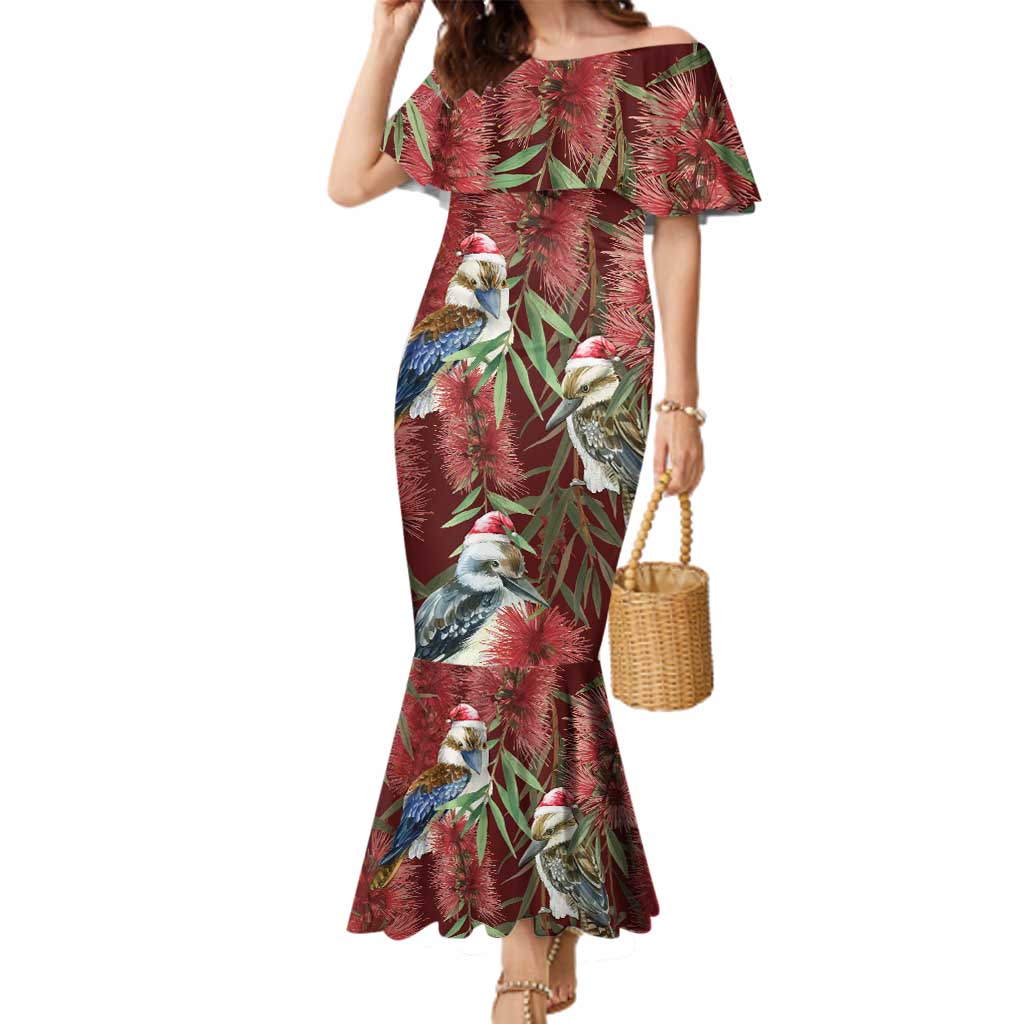 Australia Christmas Family Matching Mermaid Dress and Hawaiian Shirt Kookaburra Santa on Red Bottlebrush