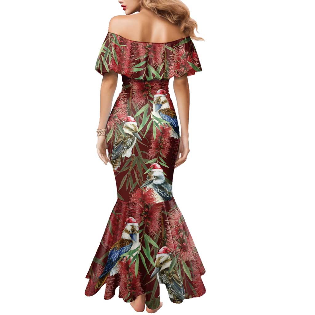 Australia Christmas Family Matching Mermaid Dress and Hawaiian Shirt Kookaburra Santa on Red Bottlebrush
