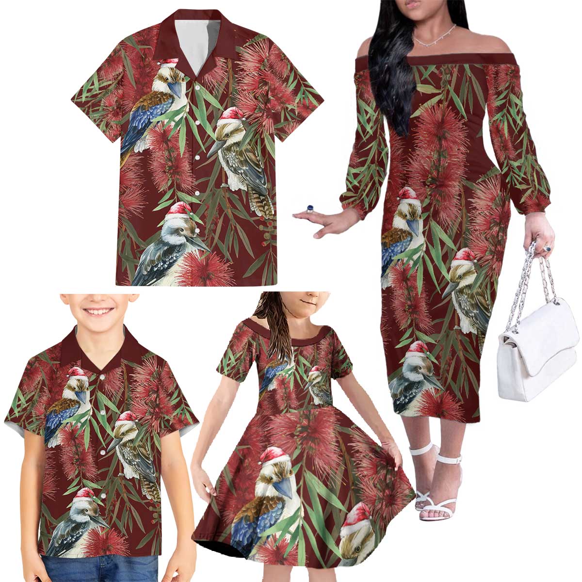 Australia Christmas Family Matching Off The Shoulder Long Sleeve Dress and Hawaiian Shirt Kookaburra Santa on Red Bottlebrush