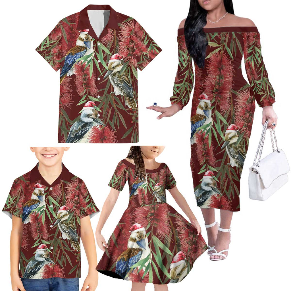 Australia Christmas Family Matching Off The Shoulder Long Sleeve Dress and Hawaiian Shirt Kookaburra Santa on Red Bottlebrush