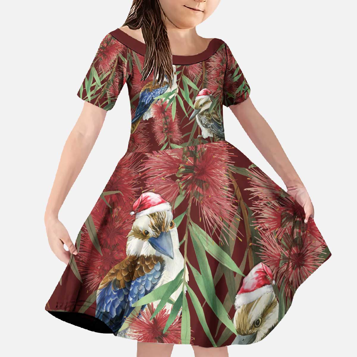 Australia Christmas Family Matching Off The Shoulder Long Sleeve Dress and Hawaiian Shirt Kookaburra Santa on Red Bottlebrush