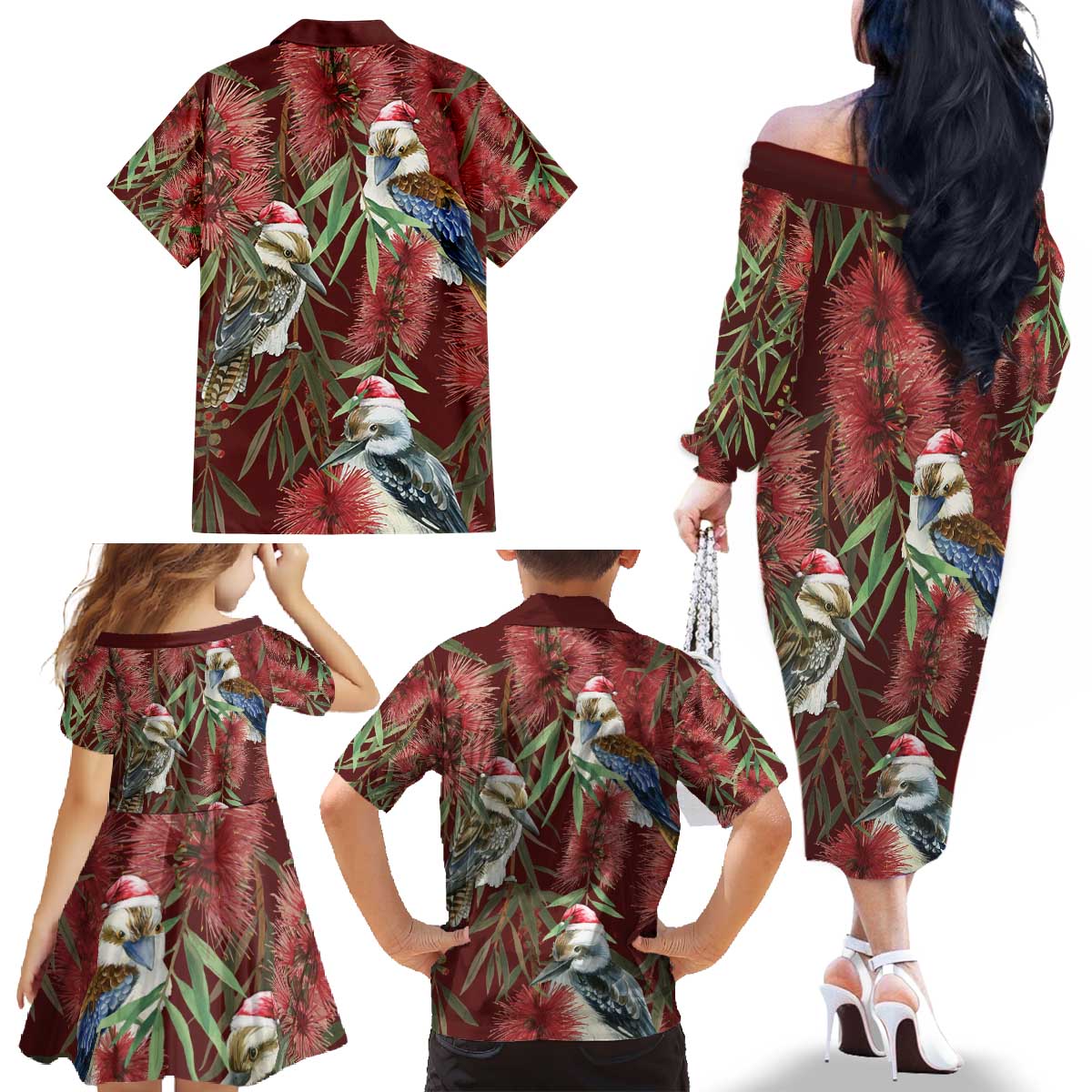 Australia Christmas Family Matching Off The Shoulder Long Sleeve Dress and Hawaiian Shirt Kookaburra Santa on Red Bottlebrush